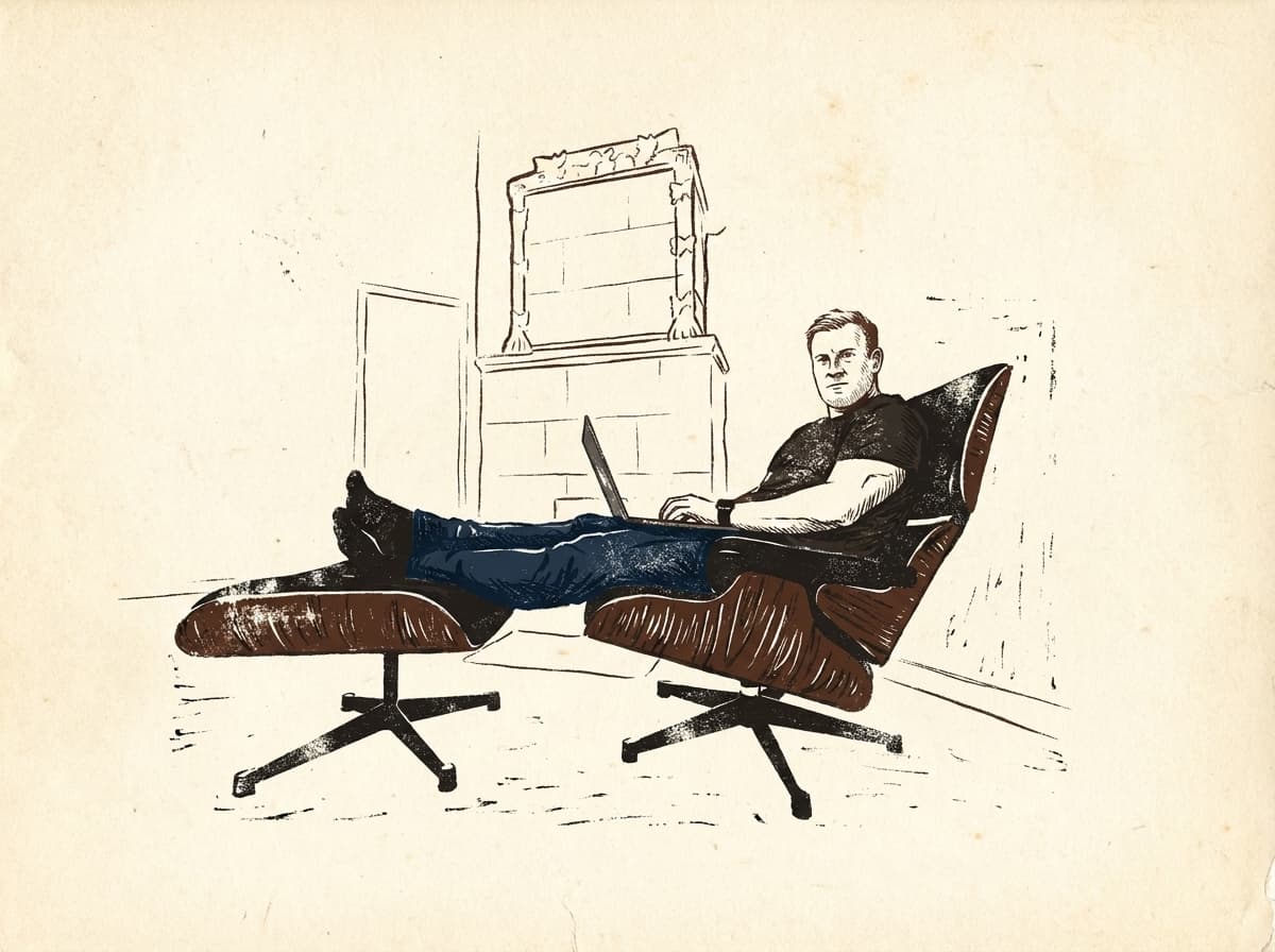 Piirroskuva Pertusta työskentelemässä Eames-tuolissa
