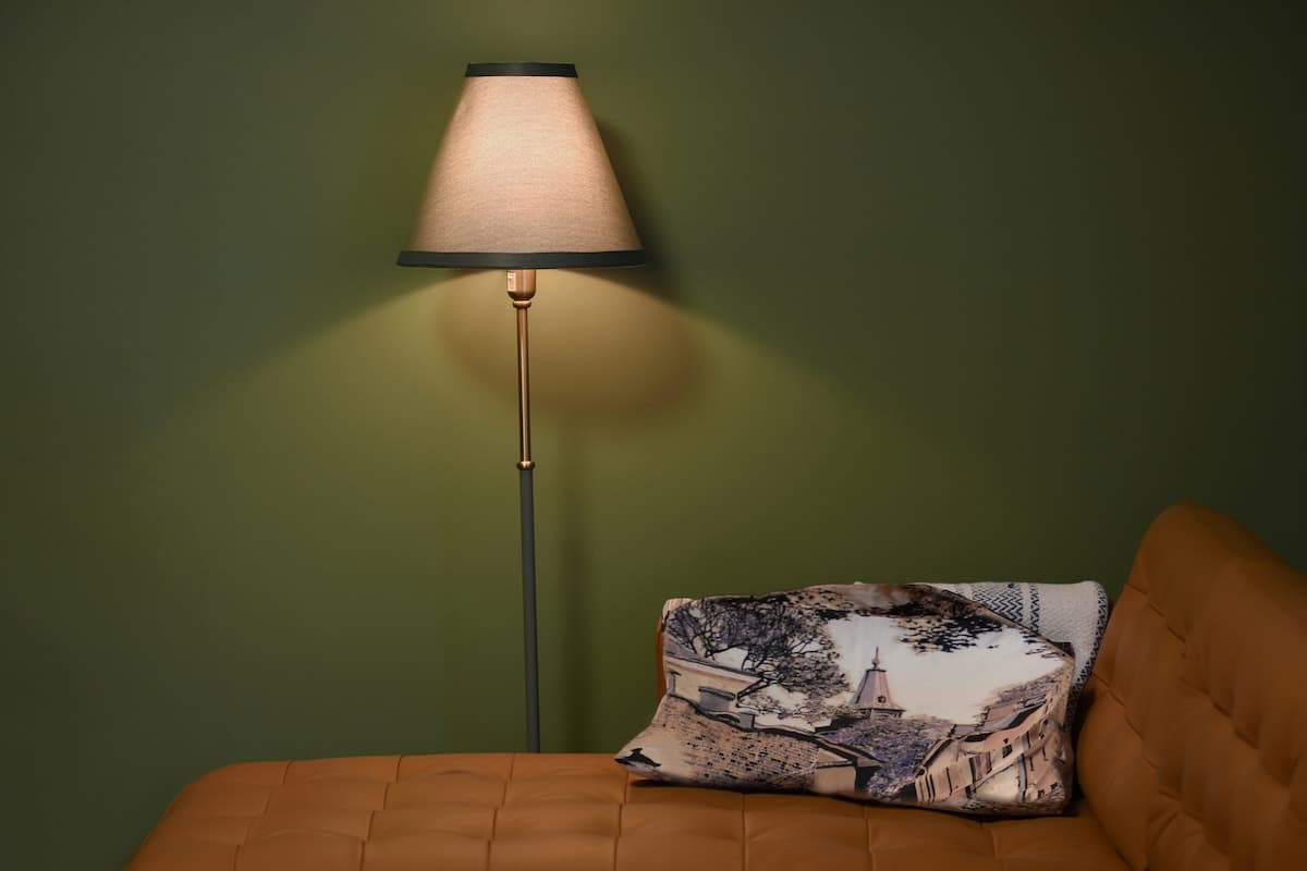 Leather sofa detail with floor lamp and decorative pillow